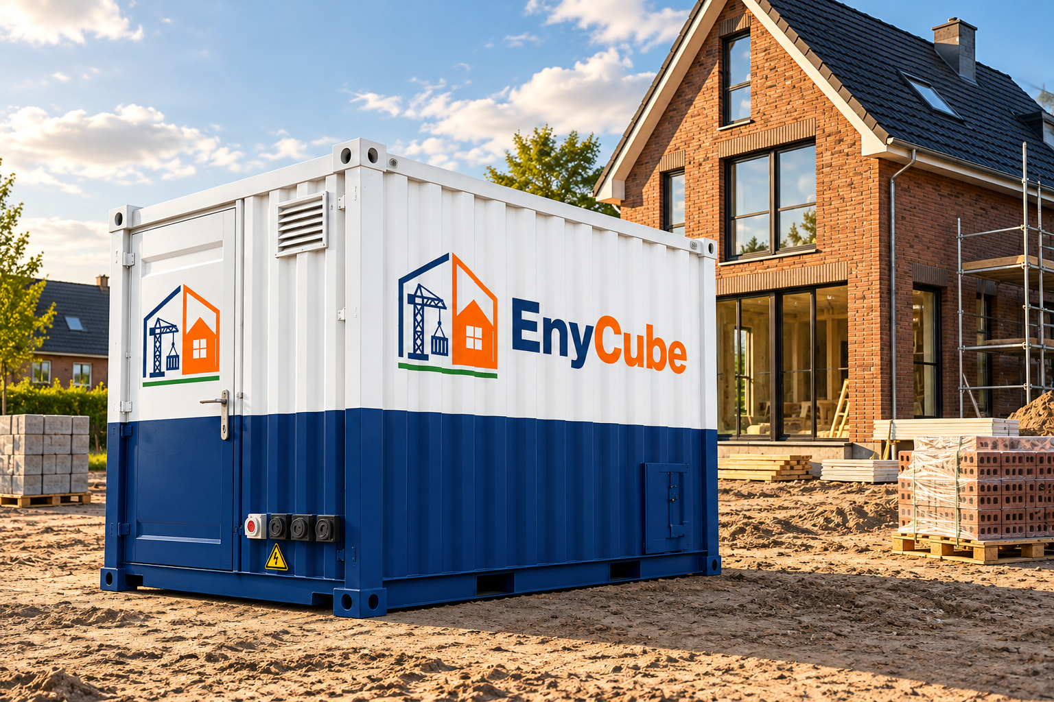 EnyCube energiecontainer naast een Nederlandse woning in aanbouw